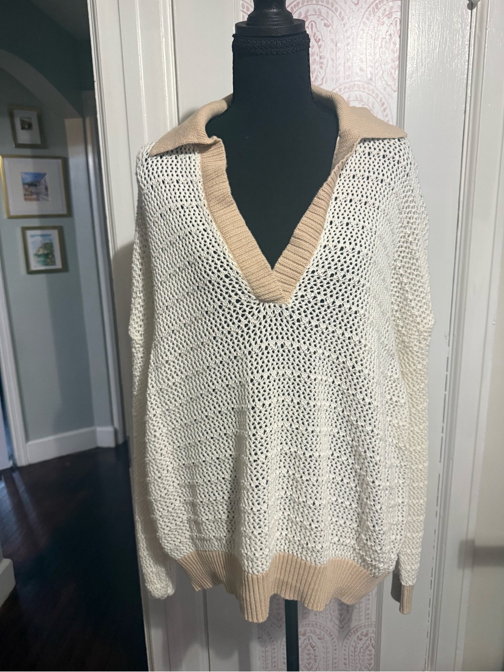torrid Cream Open-Knit Polo Sweater with Tan Trim